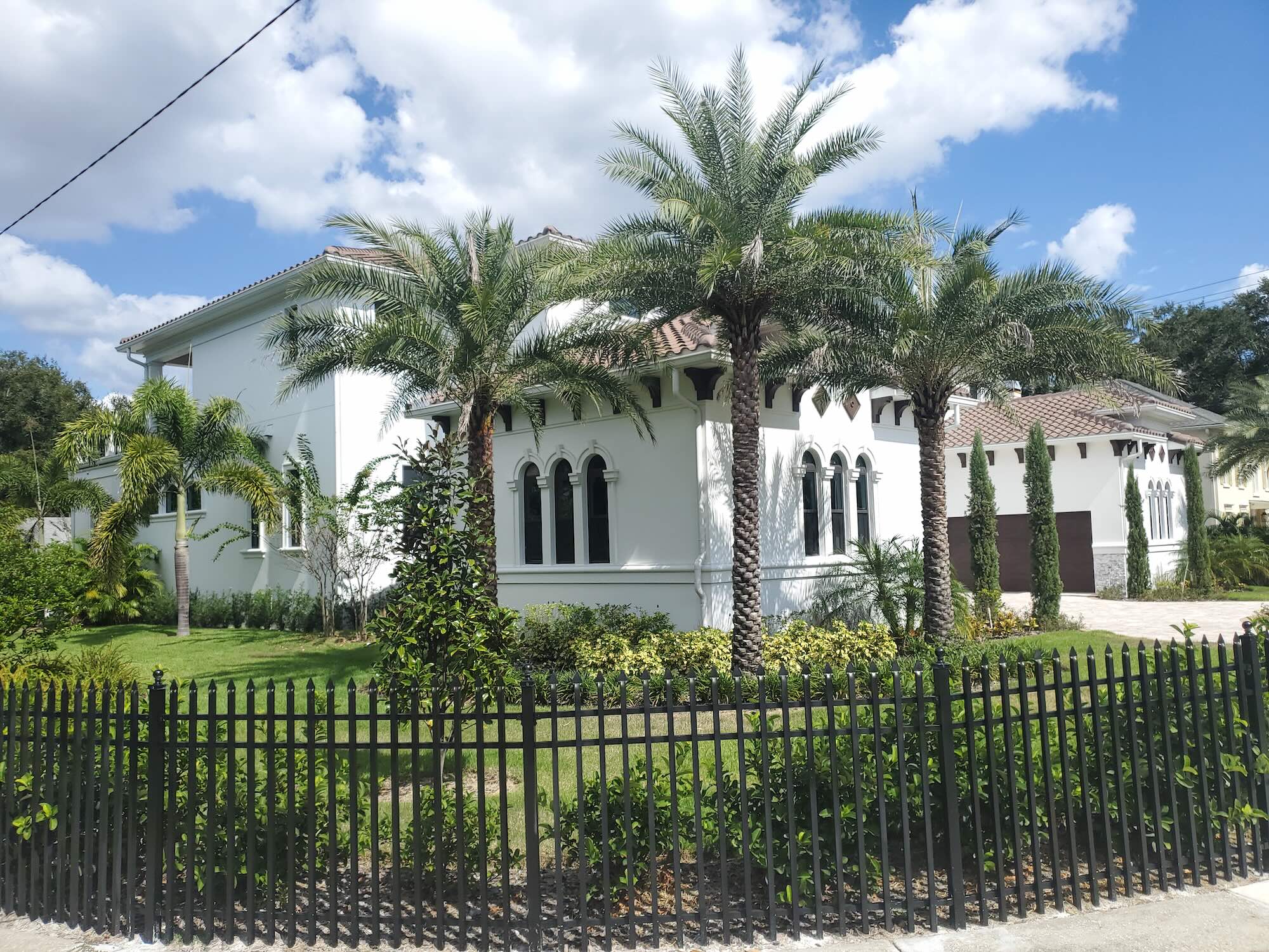 Mediterranean-style home partially screened by mature palm trees, with a wrought-iron perimeter fence